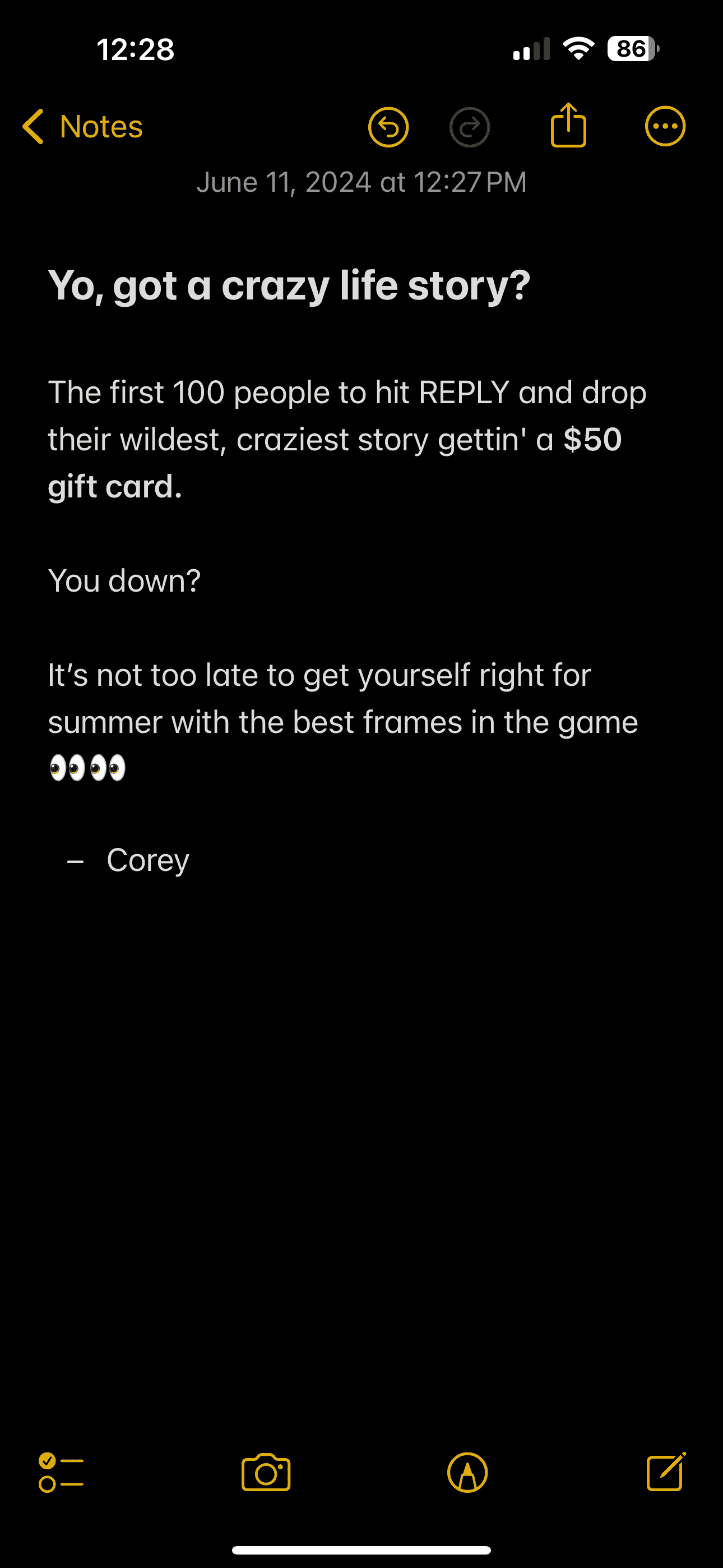 The first 100 people to hit REPLY and drop their wildest story gettin' a \\$50 gift card.