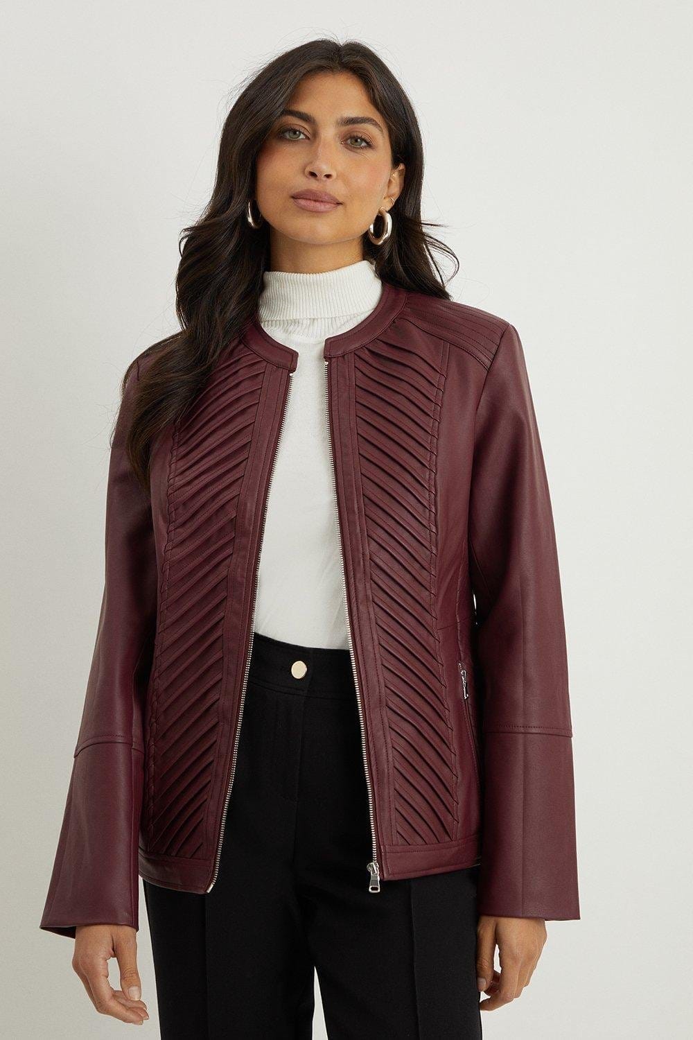 Berry Faux Leather Pleat Detail Jacket