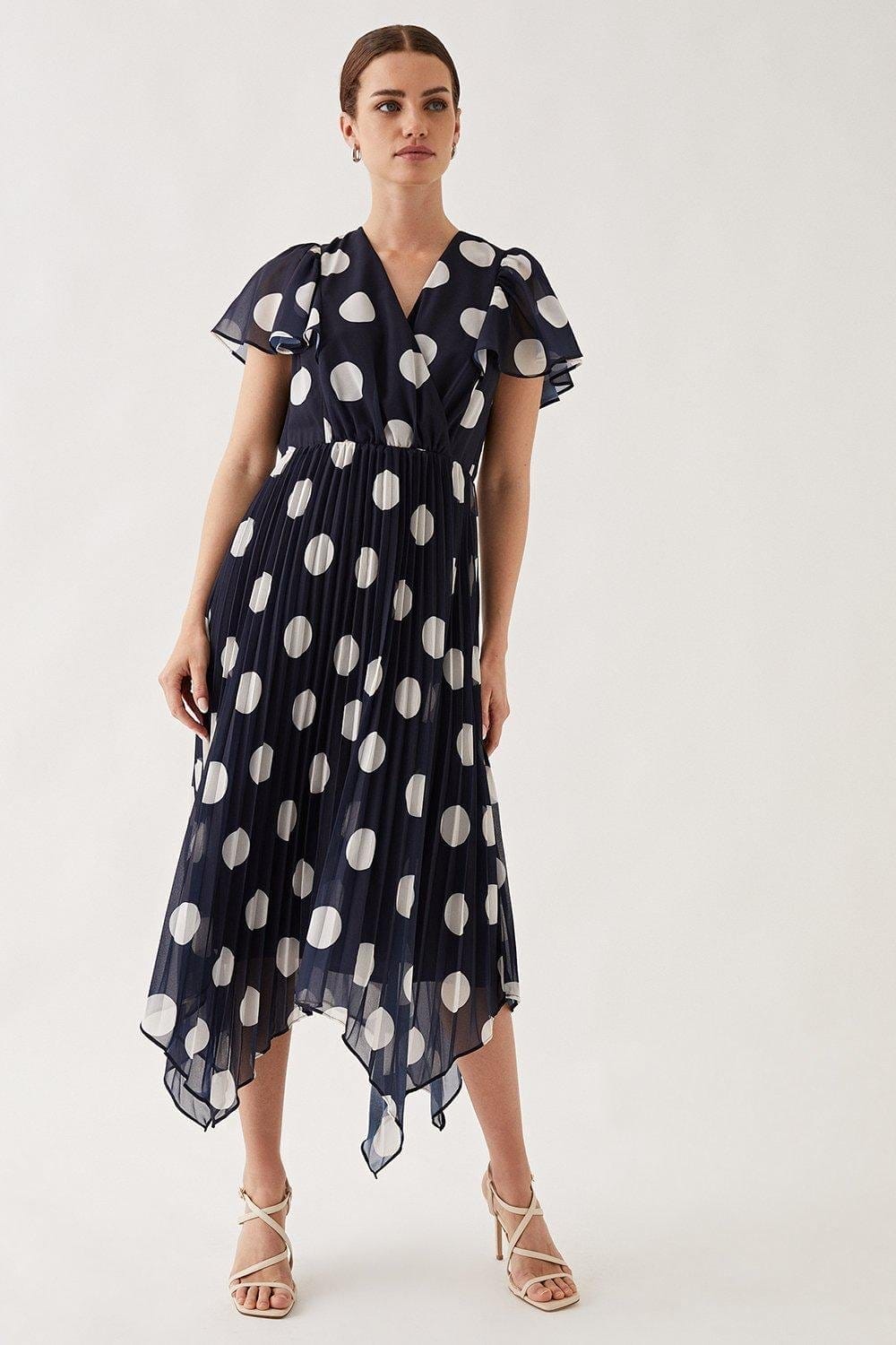 Petite Spot Pleated Dipped Hem Midi Dress