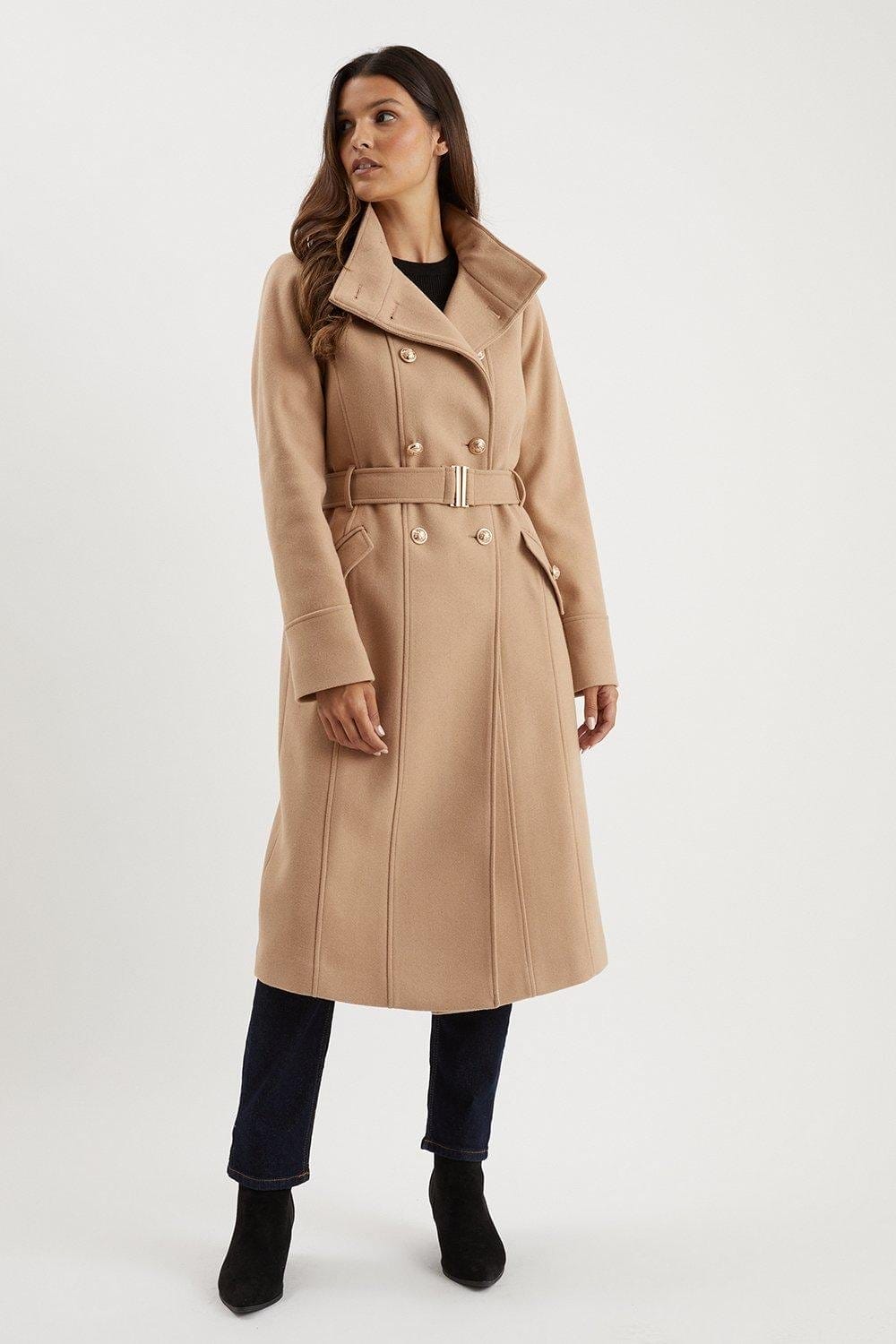 Belted Funnel Neck Military Coat