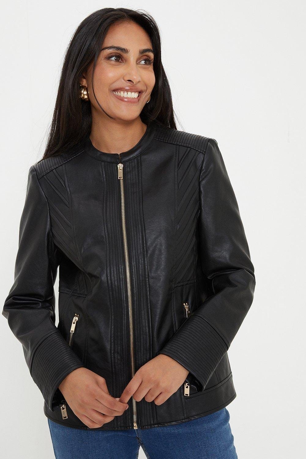 Petite Black Faux Leather Seam Detail Jacket