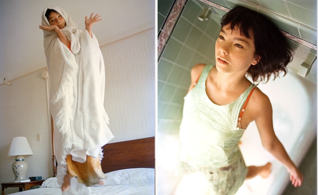 Bjork jumping on a bed