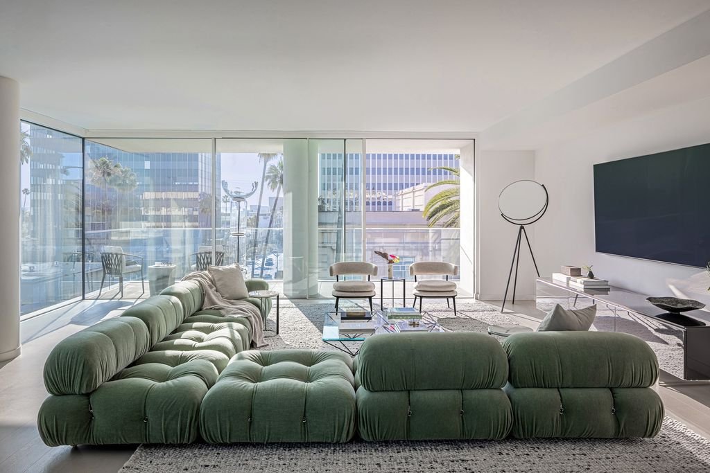 Apartment interior with green sofa