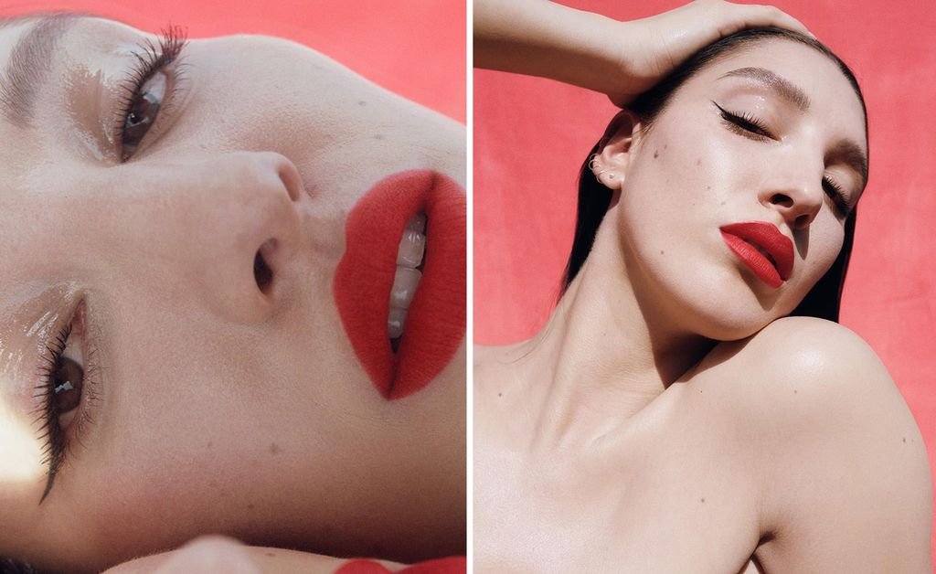 Model wears Byredo lipstick