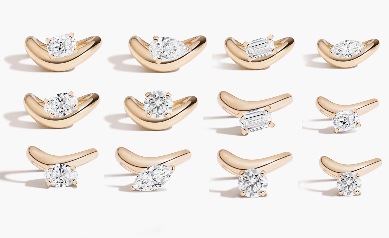 rows of sculptural diamond rings