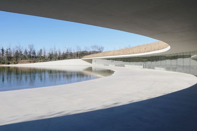 kilometre long building on a lake