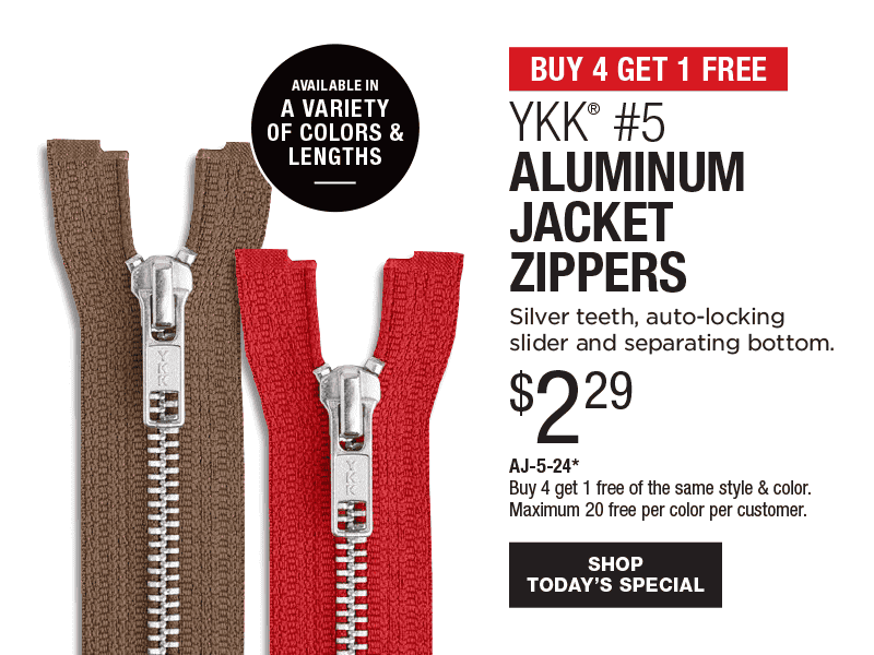 Buy 4 Get 1 Free - YKK® #5 Aluminum Jacket Zippers