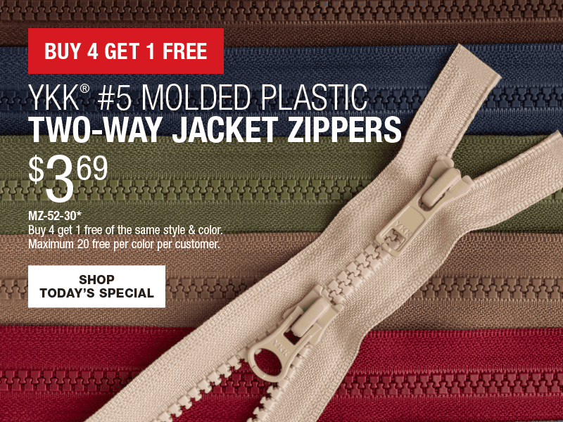 Buy 4 Get 1 Free - YKK® #5 Molded Plastic Two-Way Jacket Zippers