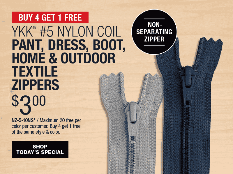 Buy 4 Get 1 Free - YKK® #5 Nylon Coil Pant, Dress, Boot, Home & Outdoor Textile Zippers