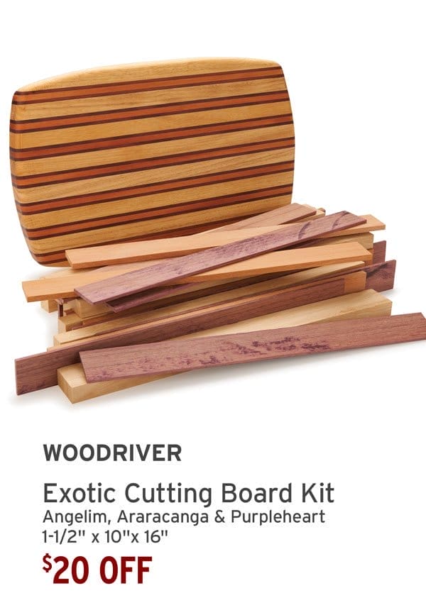 \\$20 Off - WoodRiver® Exotic Cutting Board Kit - 1-1/2" x 10" x 16" - Angelim, Araracanga & Purpleheart