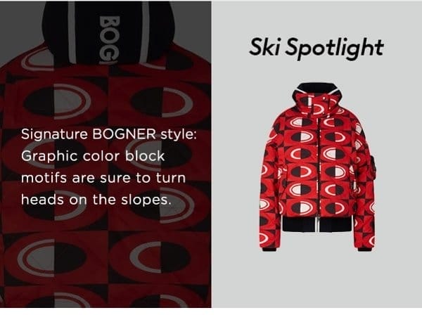 Ski Spotlight: Elani Down ski jacket in Red/Black. Signature BOGNER style: Graphic colour block motifs are sure to turn heads on the slopes.