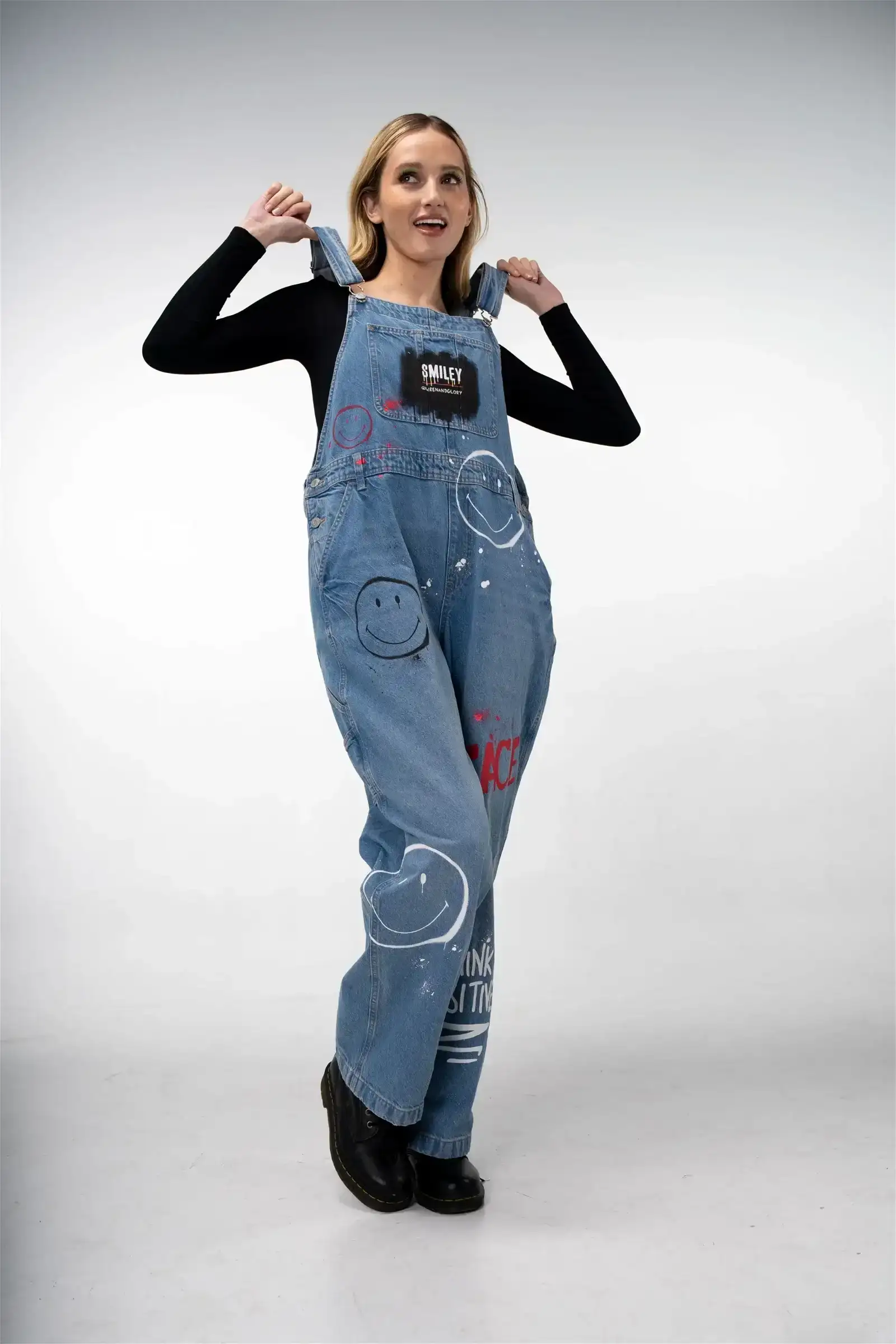 Image of 'The Smiley Overalls' Painted Denim Overalls