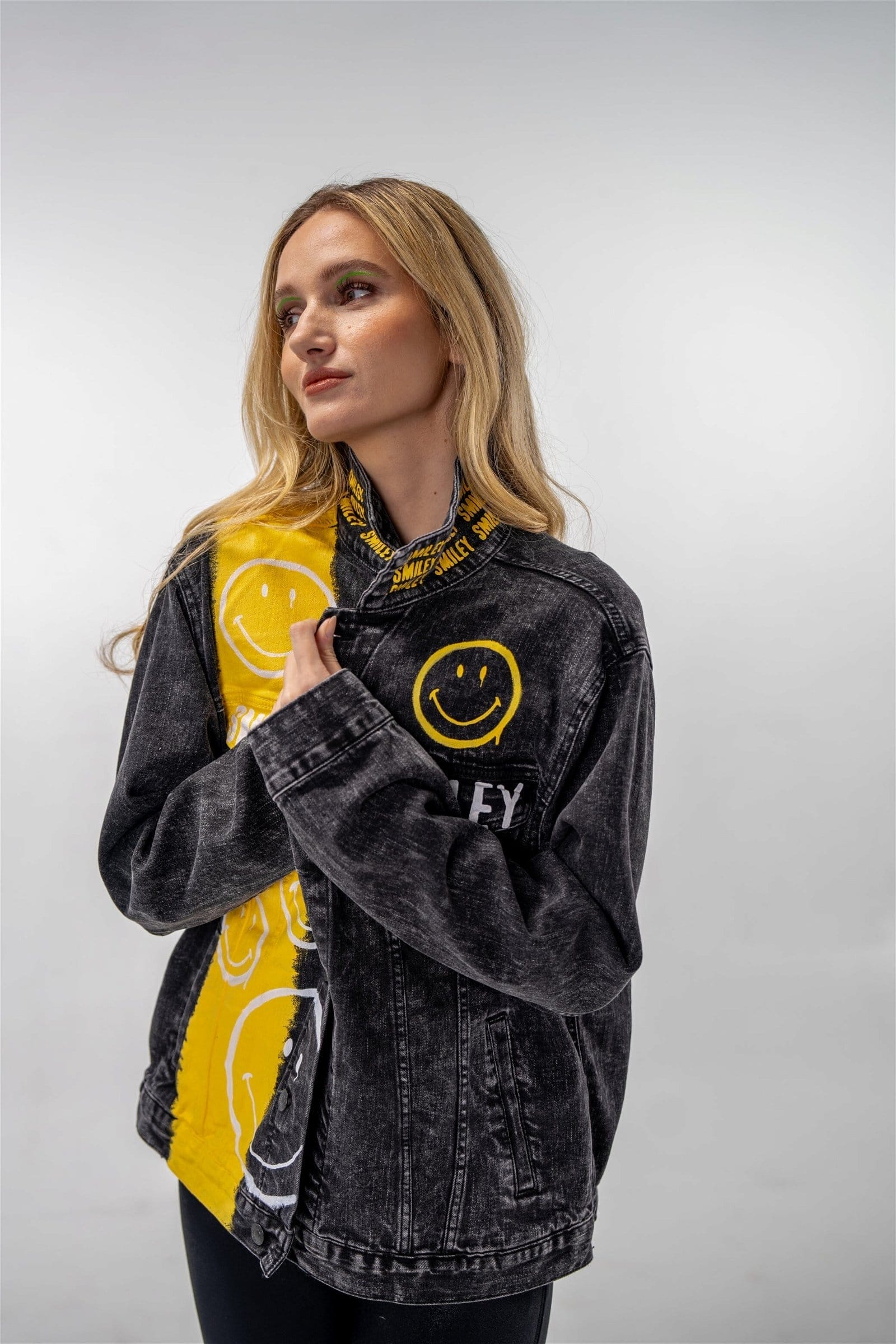 Image of 'The Smiley (Black) Denim' Painted Jacket