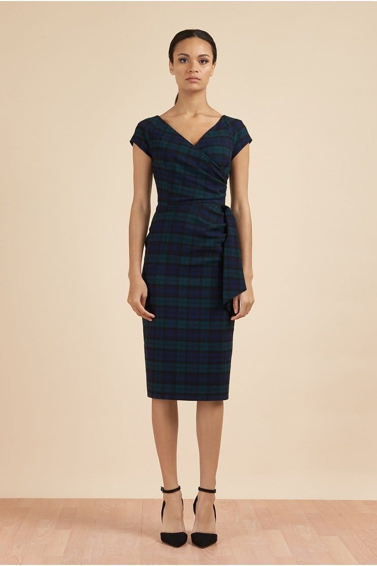 Hourglass Tartan Faux Wrap Pencil Dress