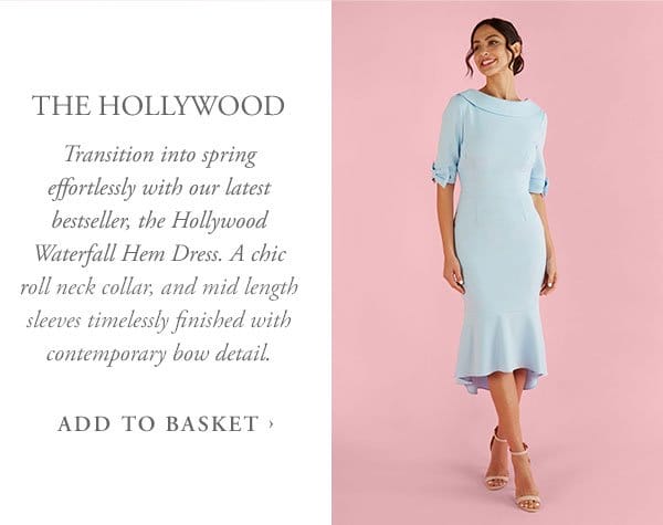 the hollywood | transition into spring effortlessly with out latest bestseller, the hollywood waterfall hem dress. a chic roll neck collar, and mid length sleeves timelessly finished with contemporary bow detail | add to basket