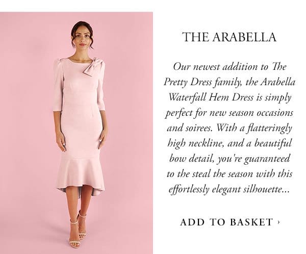 the arabella | our newest addition to the pretty dress family, the arabella waterfall hem dress is simply perfect for new season occasions and soirees. with a flatteringly high neckline, and a beautiful bow detail, you're guaranteed to steal the season with this effortlessly elegant silhouette | add to basket