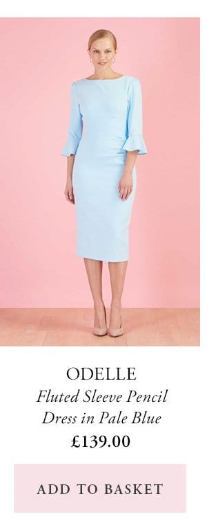 odelle | fluted sleeve pencil dress in pale blue | £139 | add to basket