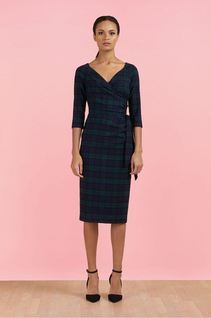 Hourglass Tartan 3/4 Sleeve Pencil Dress