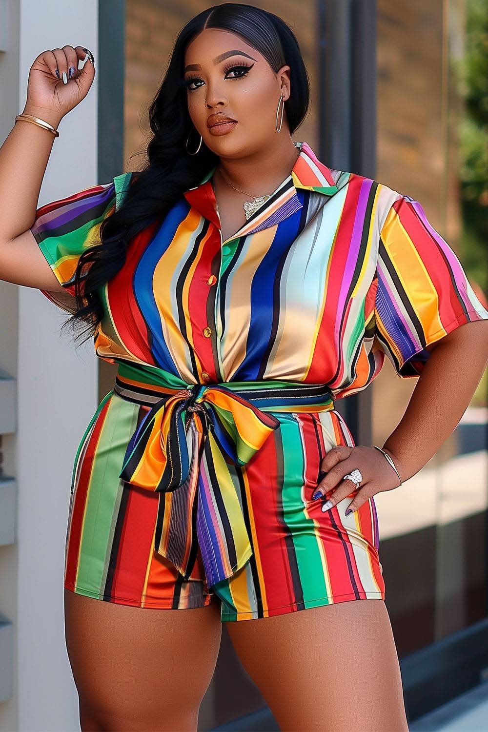 Xpluswear Design Plus Size Business Casual Rainbow Striped Turndown Collar Short Sleeve Bow Tie Satin Two Piece Short Sets [Pre-Order]