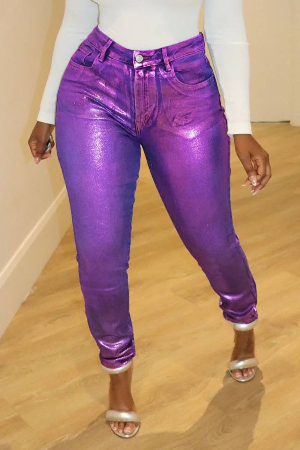 Plus Size Daily Jeans Casual Purple Fall Winter Metallic Coating Jeans [Pre-Order]