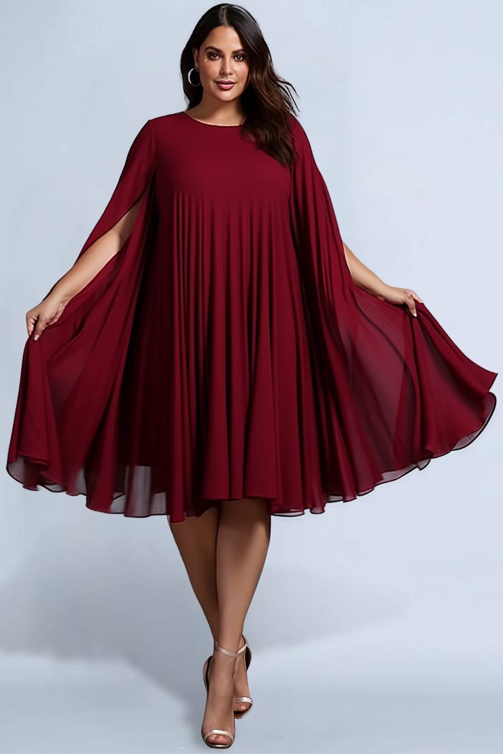 Xpluswear Design Plus Size Semi Formal Elegant Burgundy Round Neck Cape Sleeve Pleated Knitted Midi Dresses [Pre-Order]