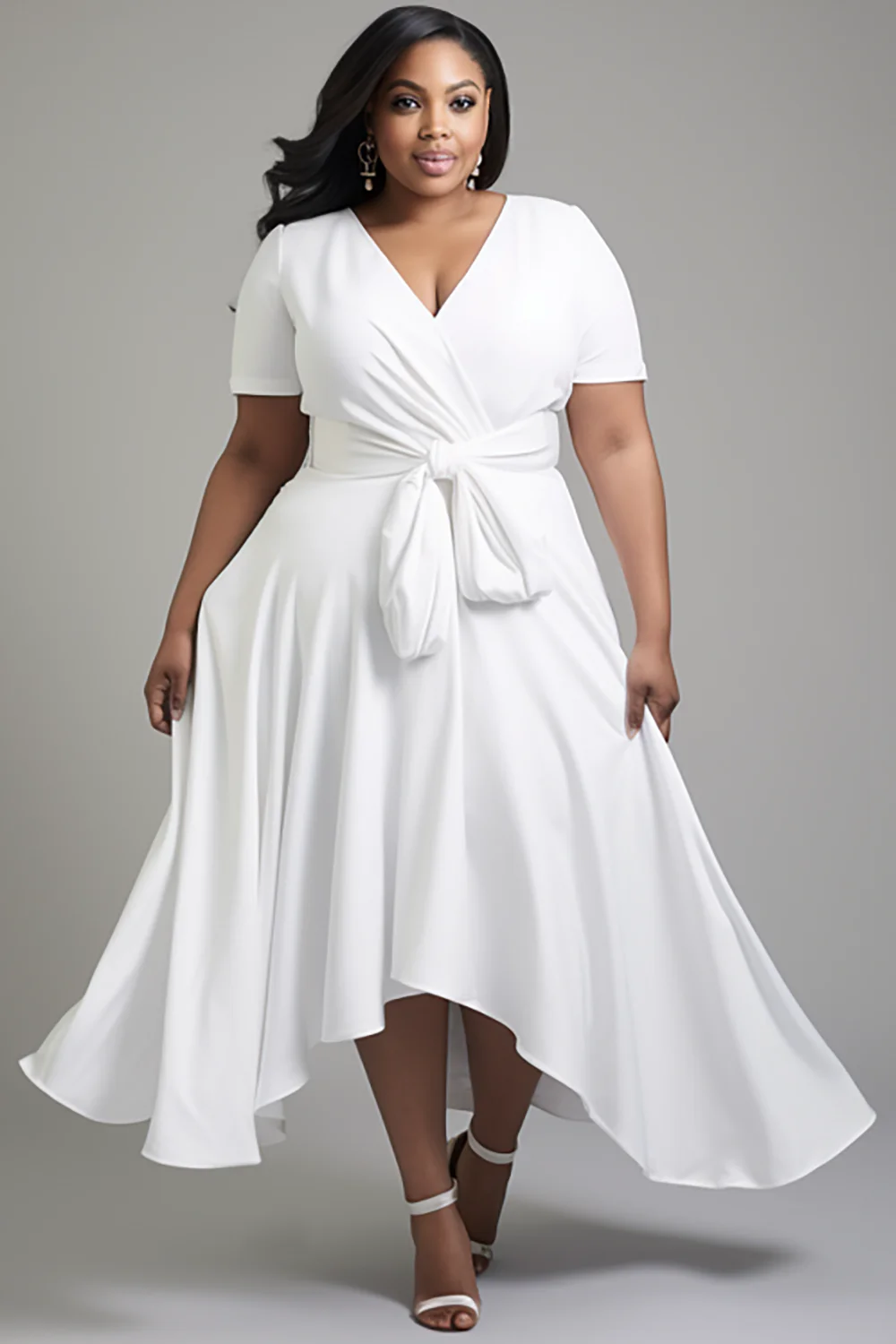 Xpluswear Design Plus Size Daily White Wrap Neck Short Sleeve Asymmetric Hem Peplum Knitted Maxi Dresses [Pre-Order]