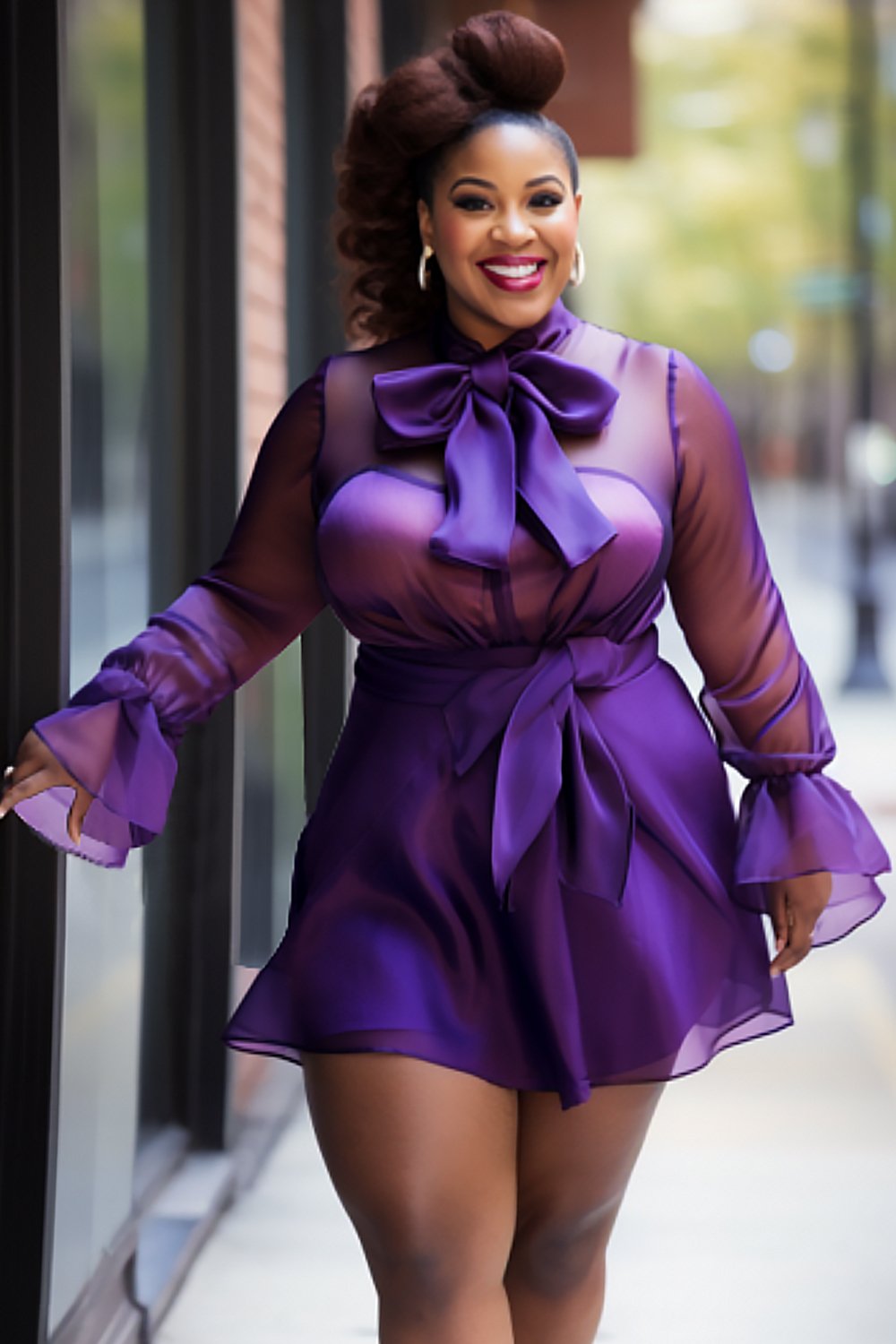 Xpluswear Design Plus Size Daily Elegant Purple Bow Neck Flare Long Sleeve Bow Tie See Through Organza Two Piece Skirt Sets [Pre-Order]