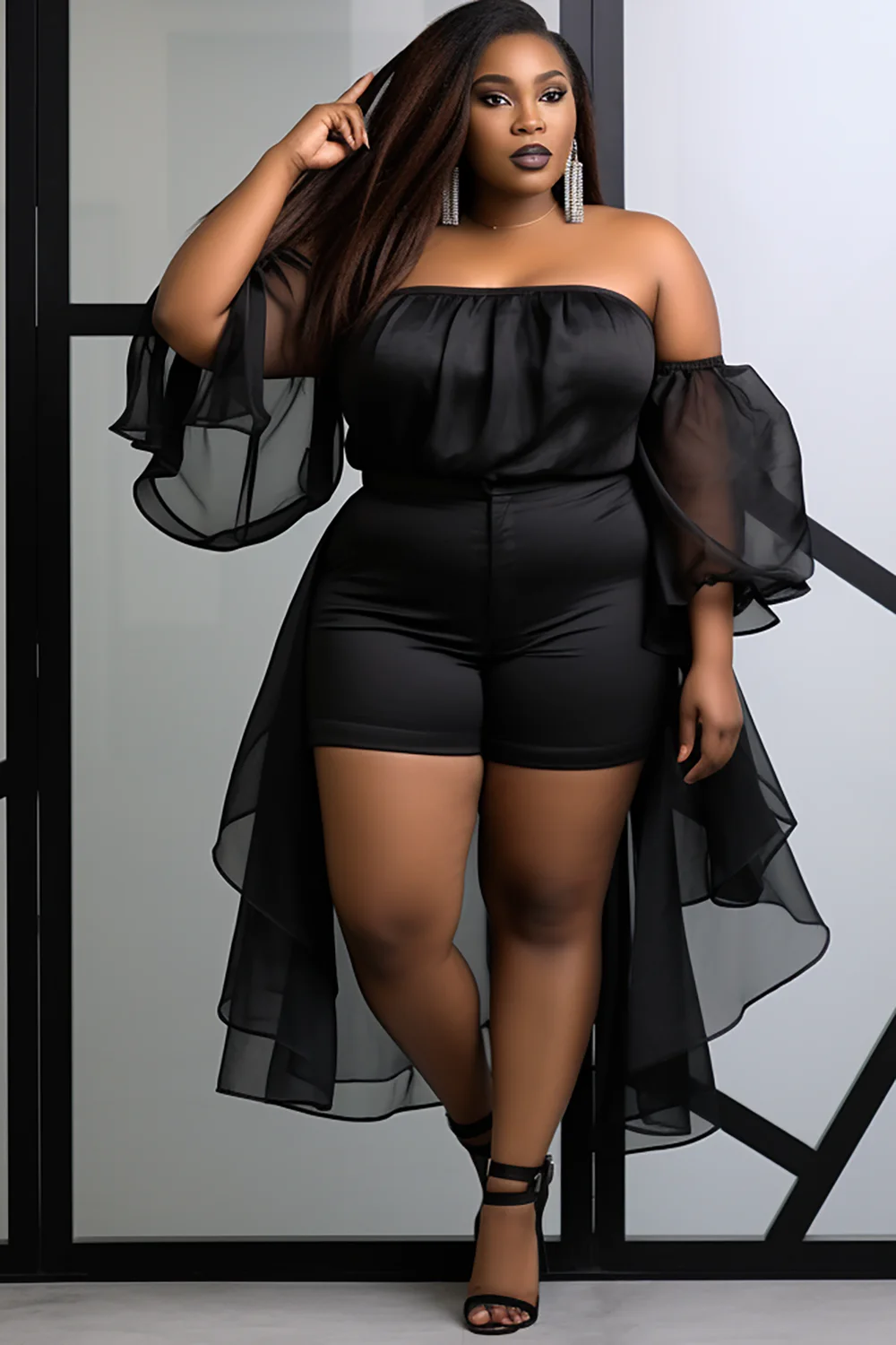 Xpluswear Design Plus Size Daily Black Party Off The Shoulder Puff Sleeve\xa0Mesh Two Piece Sets