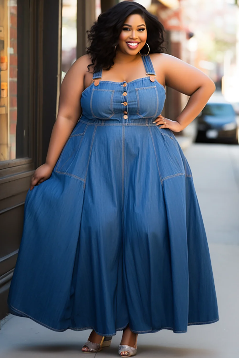 Xpluswear Design Plus Size Daily Blue Button Overall Tencel Denim Maxi Dresses