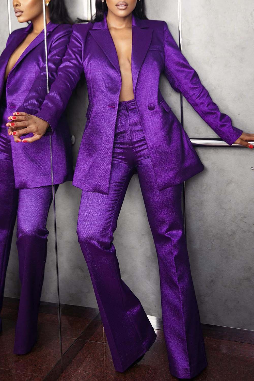 Plus Size Formal Pant Sets Elegant Purple Fall Winter Turndown Collar Long Sleeve Satin Blazer Suit Two Piece Pant Sets