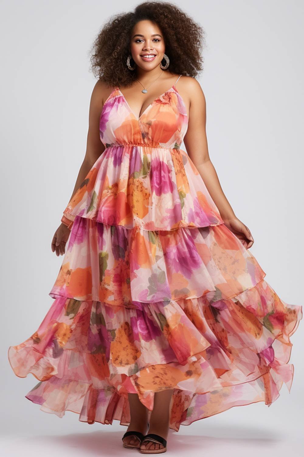 Xpluswear Design Plus Size Vacation Pink Floral V Neck Tiered Chiffon Maxi Dresses [Pre-Order]