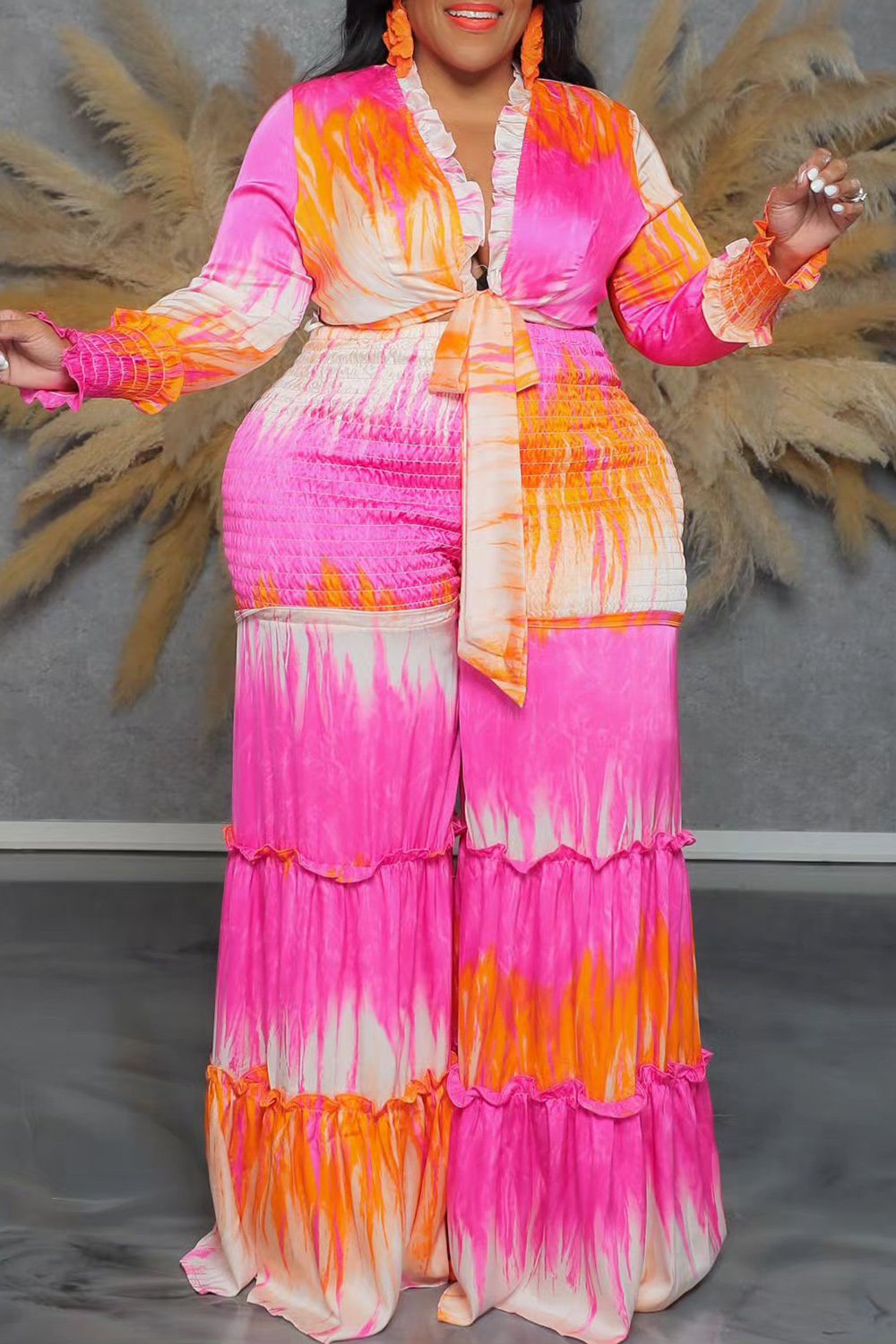 Plus Size Daily Hot Pink Tie Dye V Neck Lantern Sleeve Long Sleeve Smocking Bow Tie Chiffon Two Piece Pant Sets [Pre-Order]