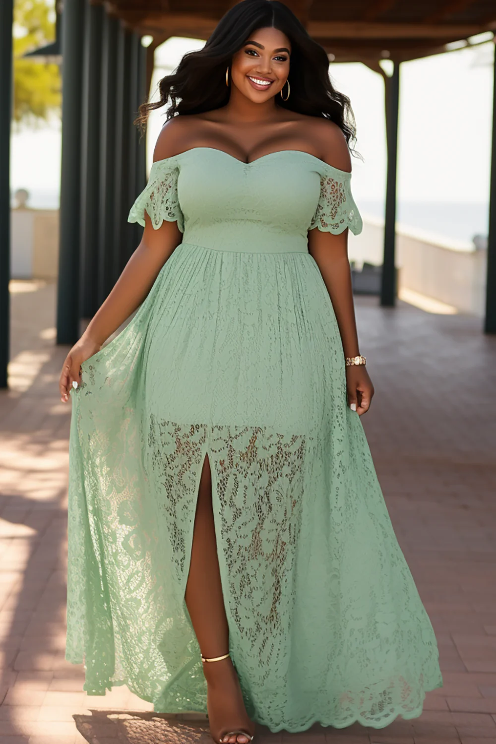 Xpluswear Design Plus Size Vacation Sage Green Off The Shoulder Split Lace Maxi Dresses [Pre-Order]