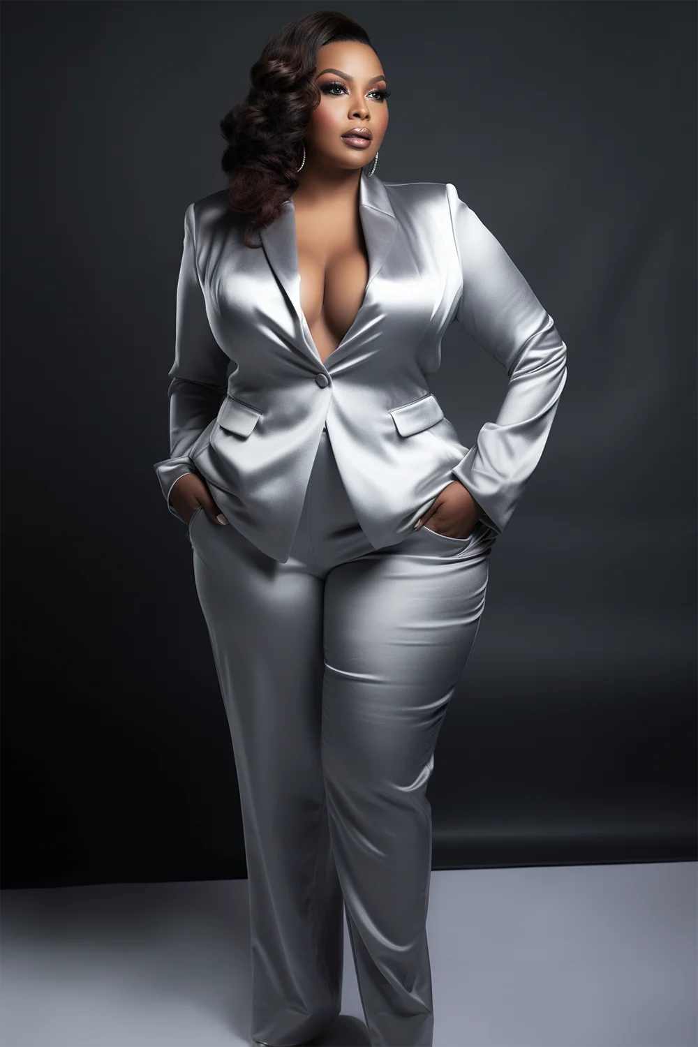 Xpluswear Design Plus Size Semi Formal Pant Sets Elegant Silver Turndown Collar Long Sleeve Satin Blazer Suit Two Piece Pant Sets With Pocket [Pre-Order]