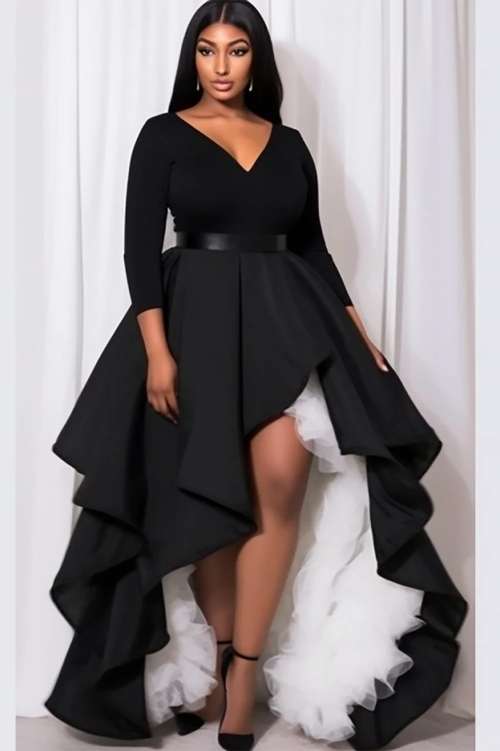 Xpluswear Design Plus Size Semi Formal Maxi Dresses Elegant Black Fall Winter V Neck 3/4 Sleeve Contrast Knitted Maxi Dresses [Pre-Order]