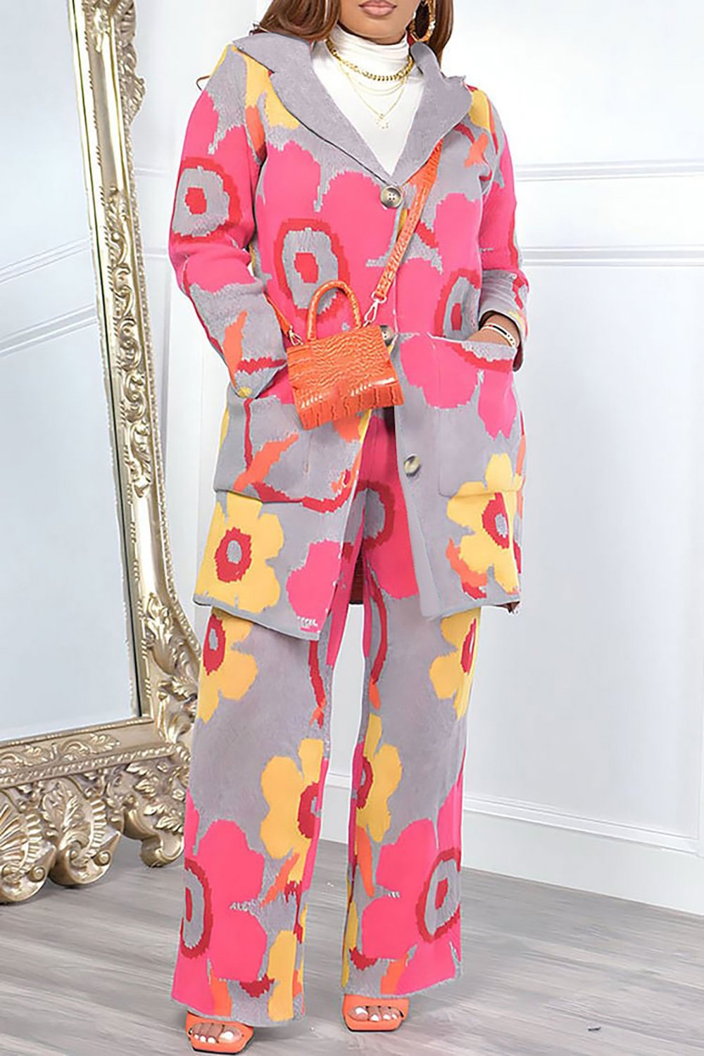 Plus Size Casual Pant Set Pink Flower Print Lapel Colorblock Knitted Two Piece Pant Set With Pocket