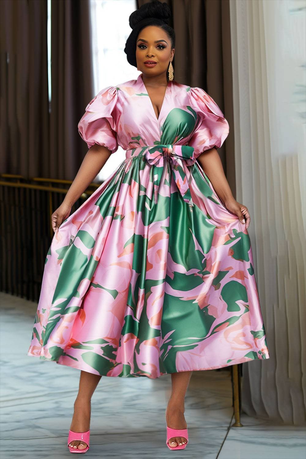 Xpluswear Design Plus Size Semi Formal Pink Floral V Neck Puff Sleeve Short Sleeve Bow Tie Satin Maxi Dresses [Pre-Order]