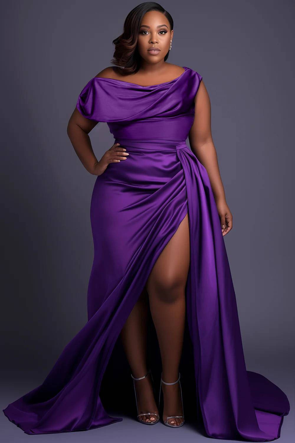 Xpluswear Design Plus Size Formal Purple Oblique Collar Cap Sleeve Split Ruffled Fold Satin Maxi Dresses [Pre-Order]