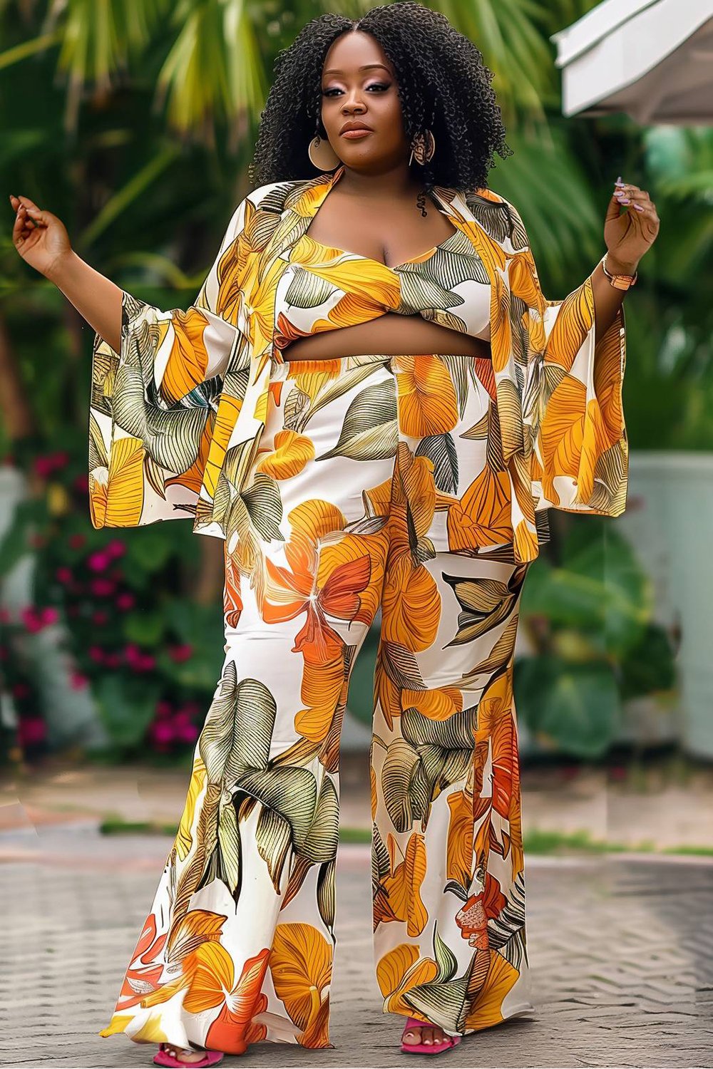 Xpluswear Design Plus Size Vacation All Over Print Flare Long Sleeve Chiffon Three Piece Pant Sets [Pre-Order]