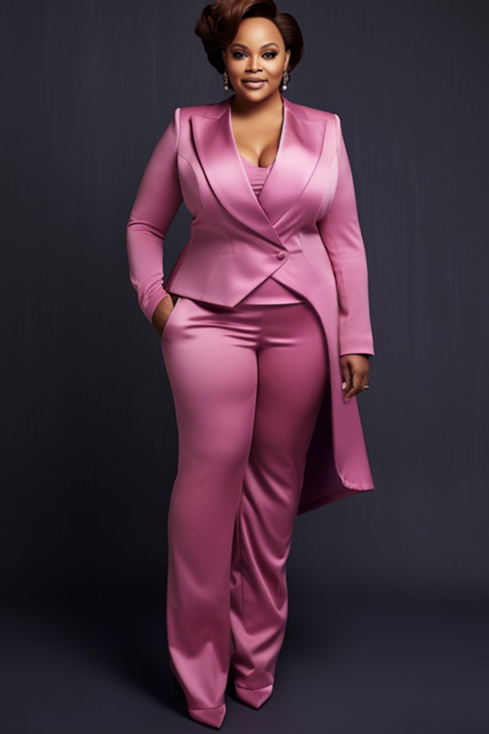 Xpluswear Design Plus Size Formal Pink Lapel Collar Long Sleeve Satin Two Piece Pant Sets [Pre-Order]