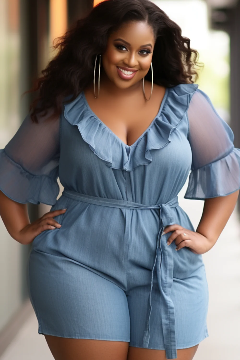 Xpluswear Design Plus Size Daily Light Blue V Neck Flare Half Sleeve See Through Ruffle Tencel Denim Rompers [Pre-Order]