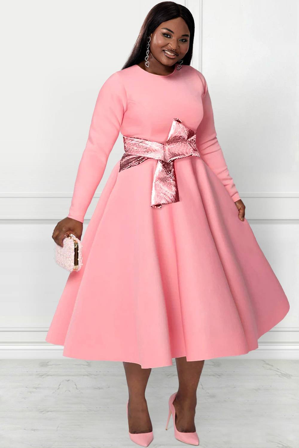 Xpluswear Design Plus Size Formal Midi Dresses Elegant Pink Fall Winter Crew Neck Long Sleeve Contrast Knitted Midi Dresses