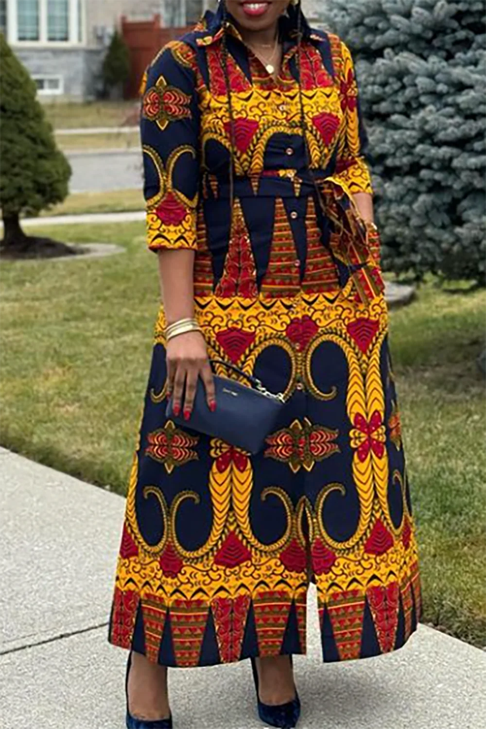 Plus Size Daily Midi Dresses Casual Yellow Ankara Spring Summer Shirt Collar Half Sleeve Pocket Midi Dresses [Pre-Order]