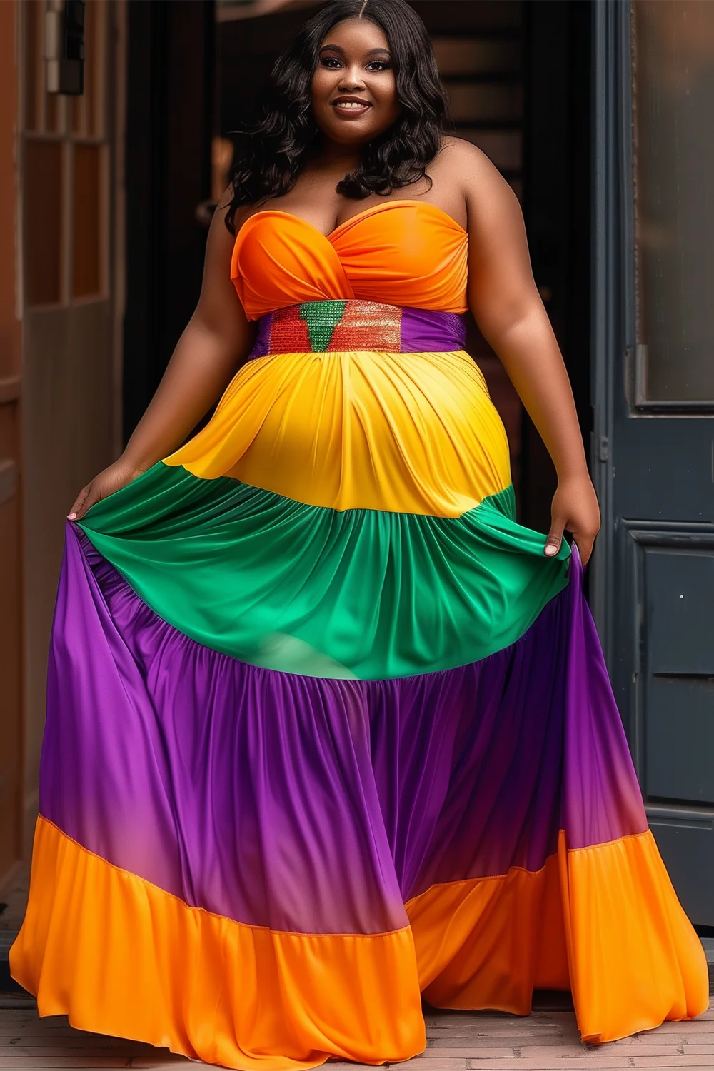 Xpluswear Design Plus Size Sundress Vacation Rainbow Contrast Knitted Maxi Dressess [Pre-Order]