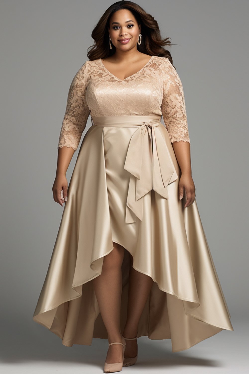 Xpluswear Design Plus Size Mother Of The Bride Champagne V Neck 3/4 Sleeve Asymmetric Hem Wrap Satin Midi Dresses [Pre-Order]