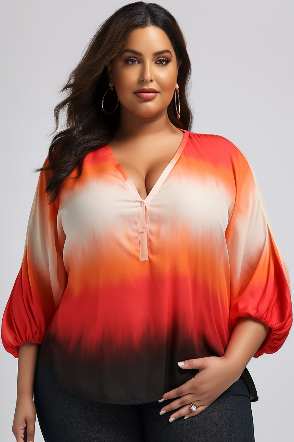 Xpluswear Design Plus Size Business Casual Red Gradient V Neck Chiffon Blouses [Pre-Order]