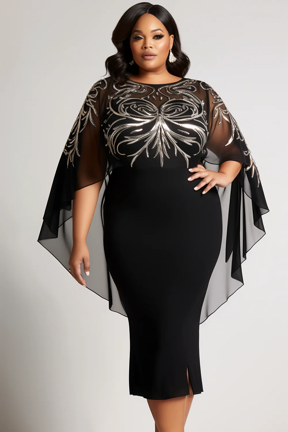 Xpluswear Design Plus Size Mother Of The Bride Elegant Black Round Neck Cape Sleeve Tulle Midi Dresses [Pre-Order]