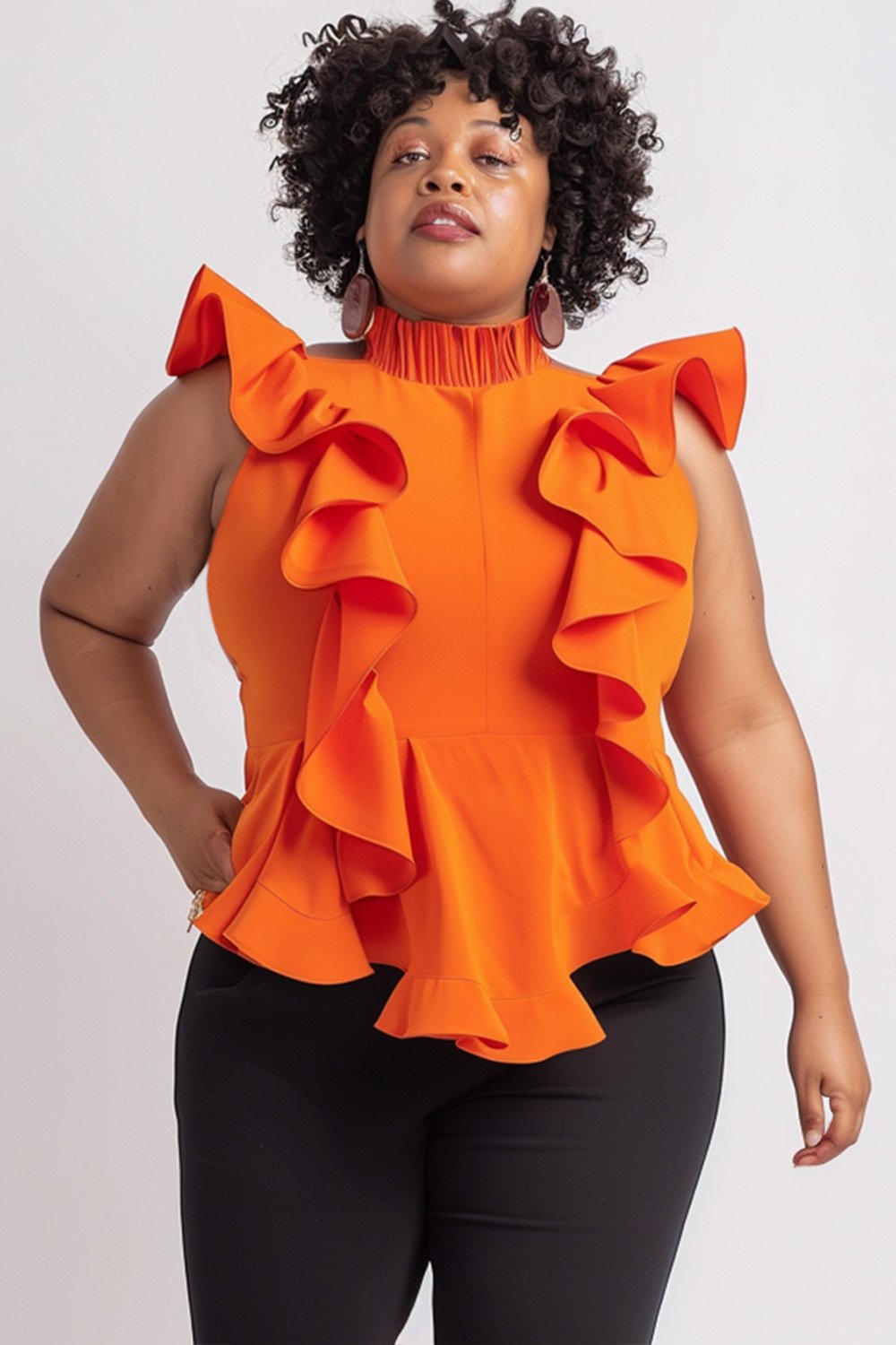 Xpluswear Design Plus Size Semi Formal Orange Mock Neck Ruffle Knitted Blouses [Pre-Order]