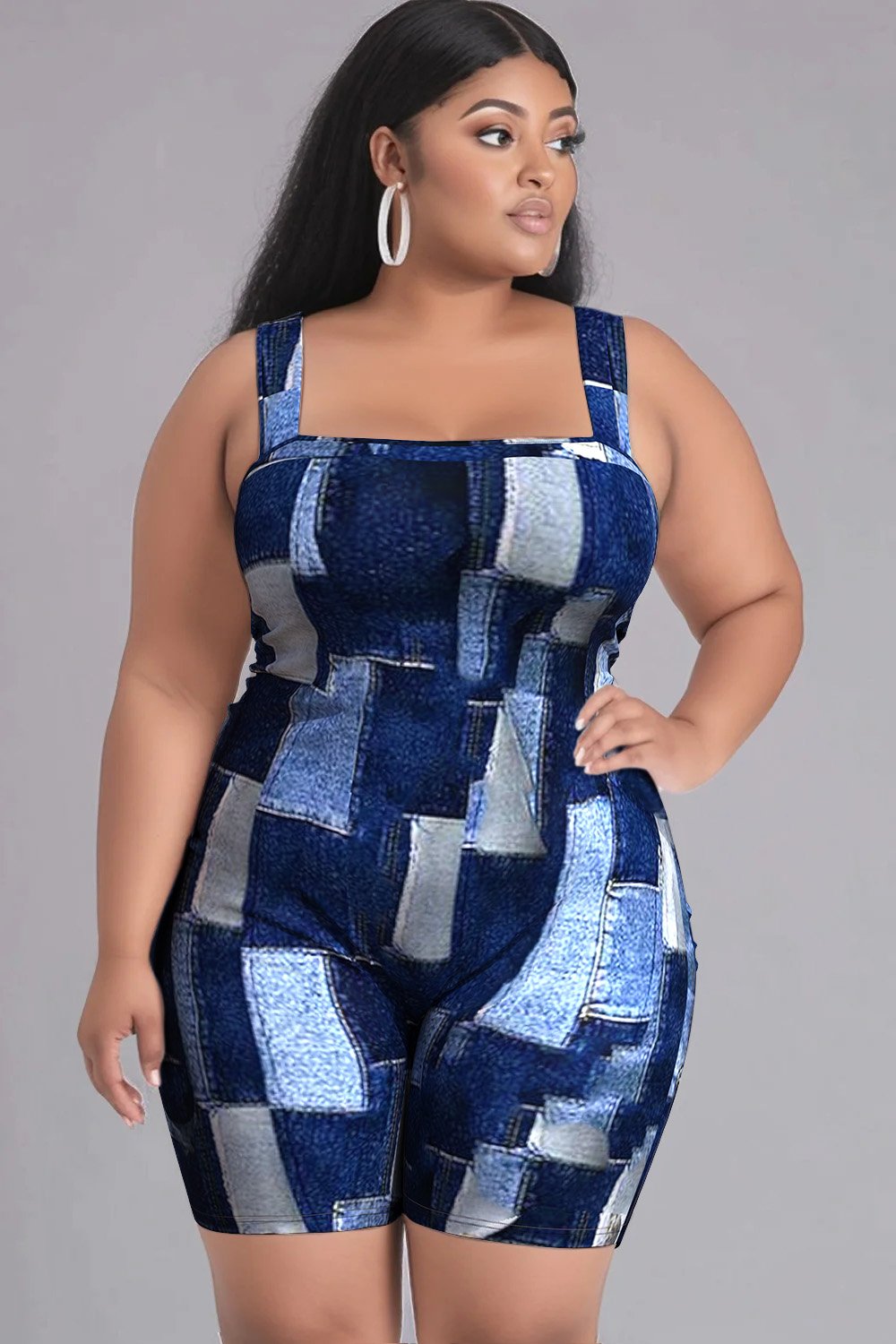 Xpluswear Design Casual Dark Blue Denim Print Cami Patchwork Rompers [Pre-Order]