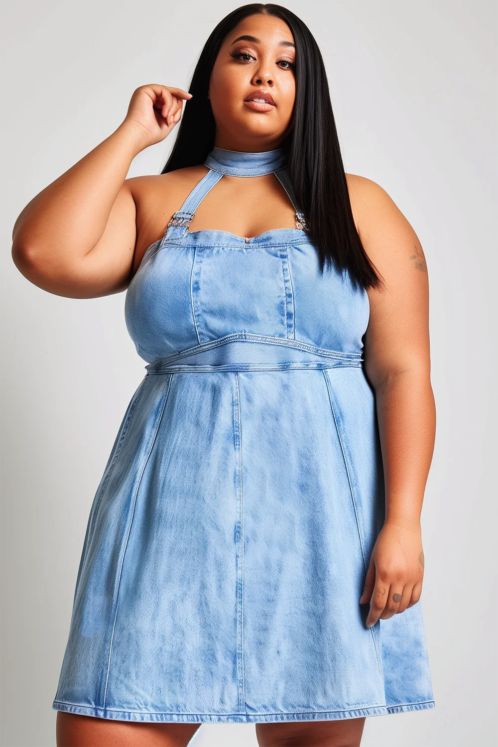 Xpluswear Design Plus Size Daily Light Blue Halter Collar Denim Mini Dresses [Pre-Order]